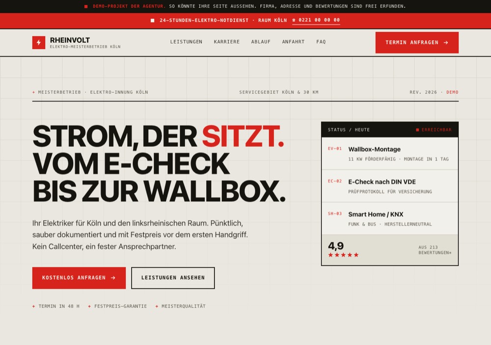 Startseite der Demo Rheinvolt, ein Elektro-Meisterbetrieb
