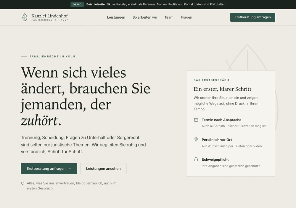Startseite der Demo Kanzlei Lindenhof für Familienrecht