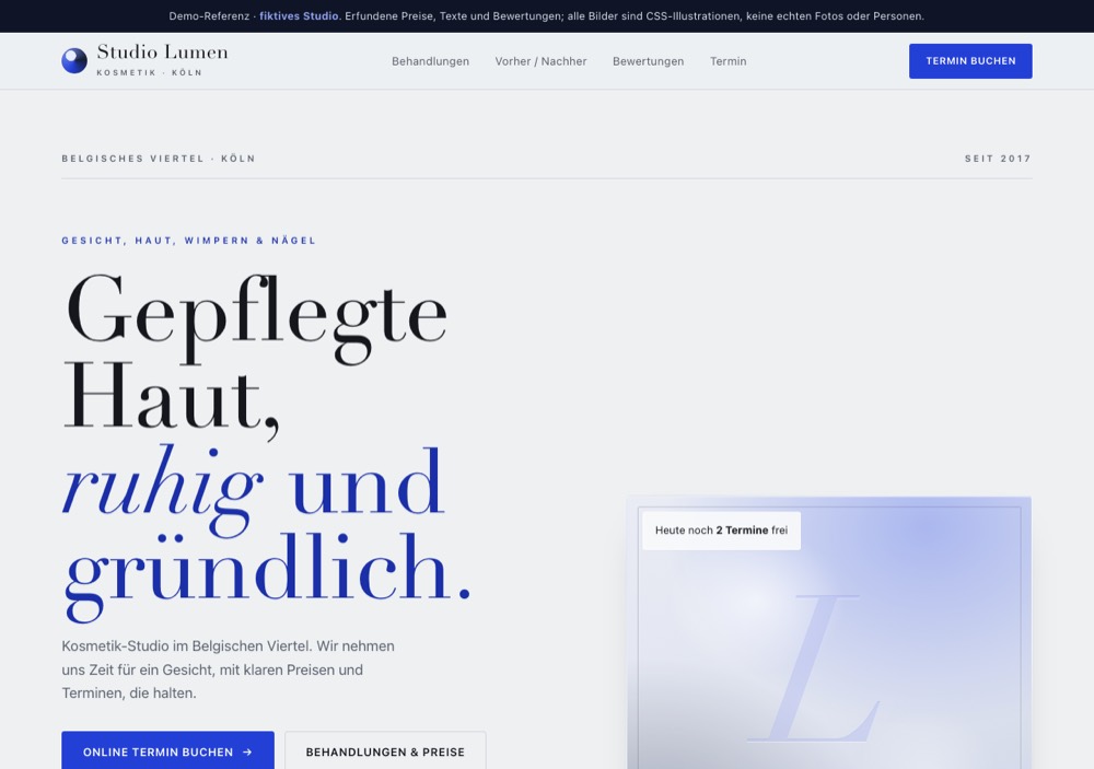 Startseite der Demo Studio Nordlicht, ein Kosmetikstudio