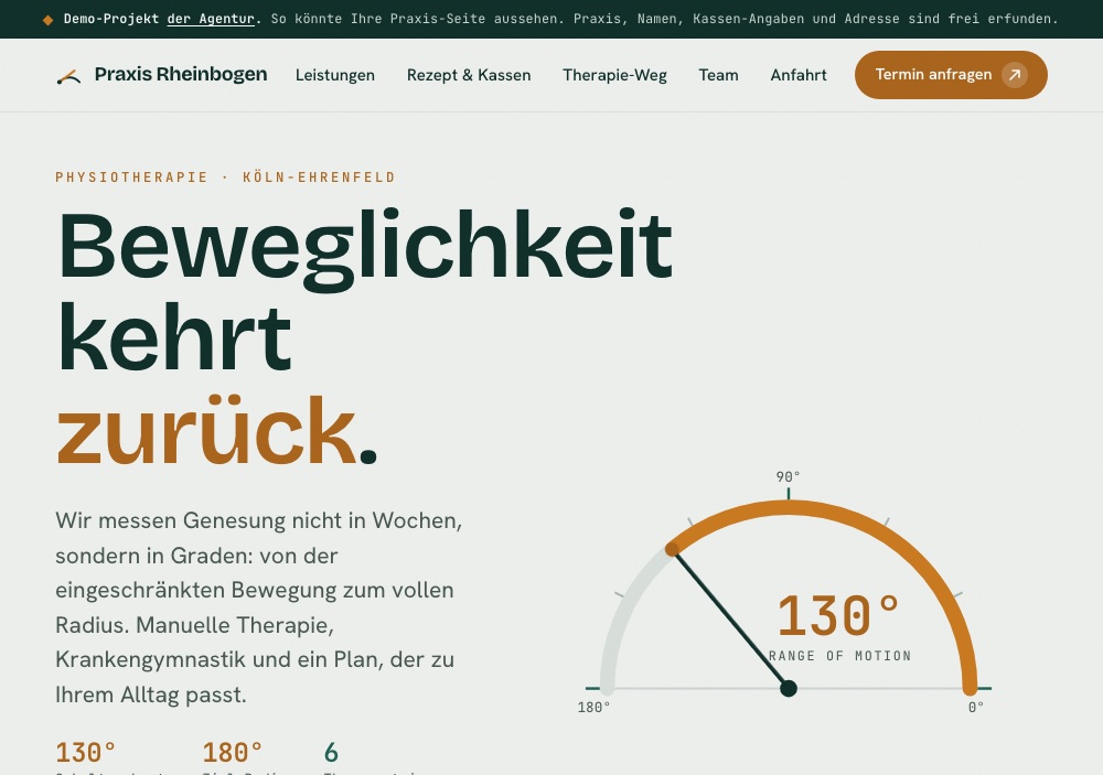 Startseite der Demo Praxis Rheinbogen, eine Physiotherapie-Praxis
